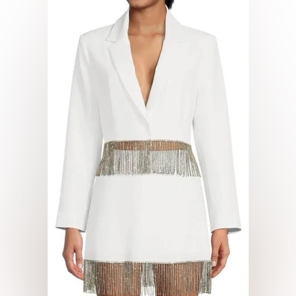 Gianni Bini White Rhinestone Fringe Blazer Mini Dress Size 8/10 (Bride)